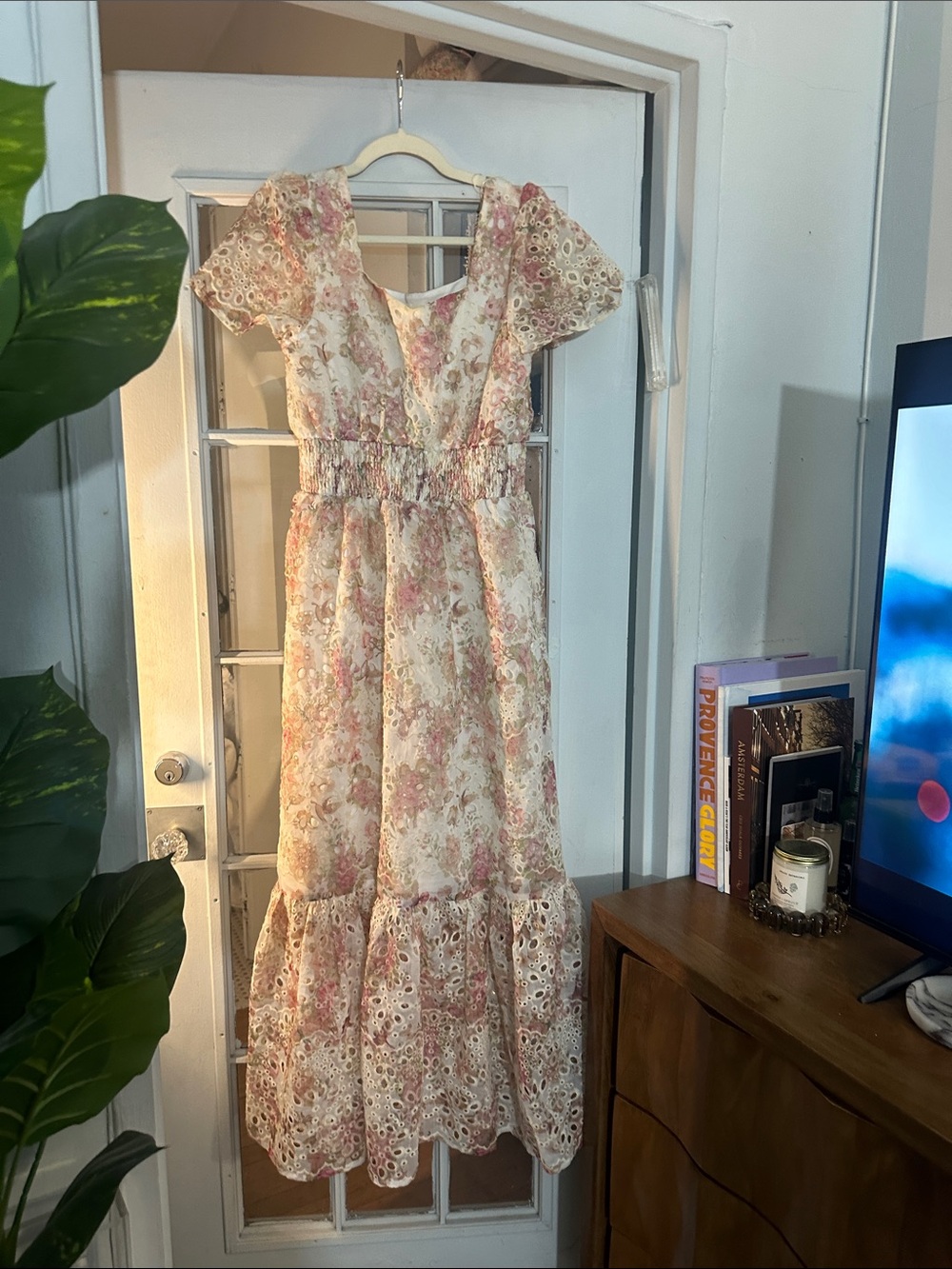 Solitaire Cream Maxi Dress with Pink Floral Lace Trim